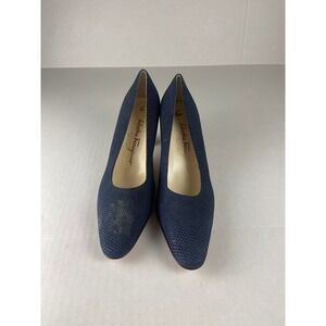 Salvatore Ferragamo Navy Embossed Leather Pointed Toe Kitten‎ Heel Pumps Size 6B